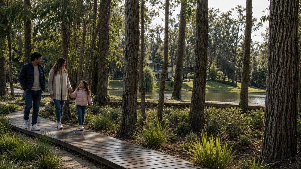 Familia paseando por el bosque y la laguna en Solanas