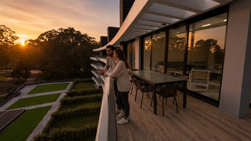 Terraza de departamento al atardecer en Solanas