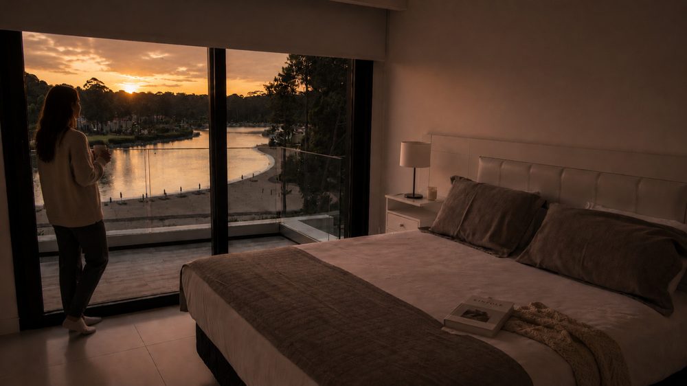 Dormitorio con vista a la laguna en Solanas